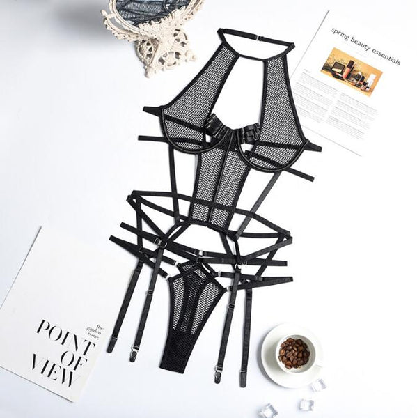 Lace Grid Stitching See Through Self Cultivation Sling Sex Appealing Bodysuit - happyshop365247