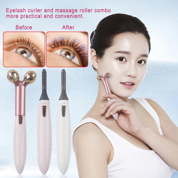 2 In 1 Electric Portable Heated Eyelash Curler 3D Face Slimming Massage Roller Eye Lashes Curling Tool Facial Beauty Tools - happyshop365247