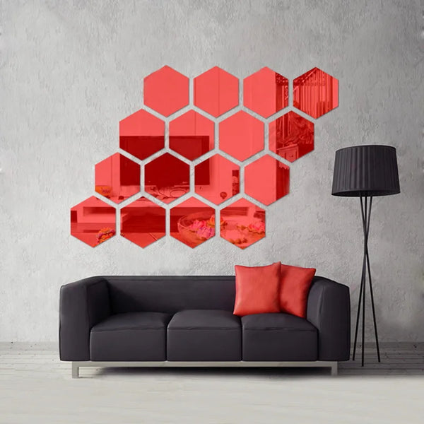 12/6Pcs 3D Hexagon Acrylic Mirror Wall Stickers DIY Mirrored Decorative Stickers - happyshop365247