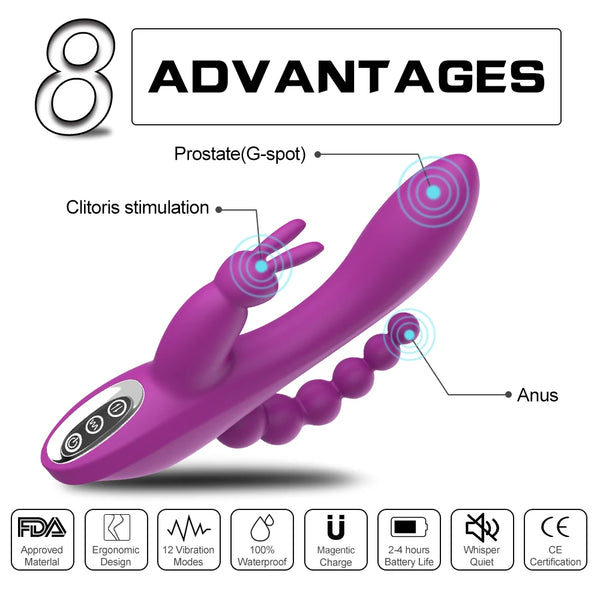 12 Speeds Waterproof Rechargeable Rabbit Vibrator G-spot and P-spot Anal Clit Stimulator Dildo Adult Sex Toys for Women - happyshop365247