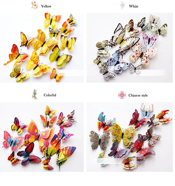 New Style 12Pcs Double Layer 3D Butterfly Wall Stickers Home Room Decor Butterflies For Wedding Decoration Magnet Fridge Decals - happyshop365247