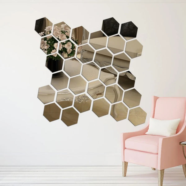 12/6Pcs 3D Hexagon Acrylic Mirror Wall Stickers DIY Mirrored Decorative Stickers - happyshop365247