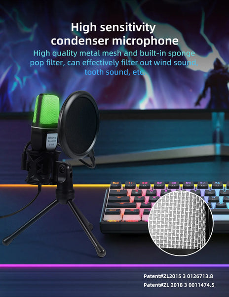 Condenser Professional Microphone Mic For PC Laptop Computer Gaming USB Wired Streaming Podcast Studio Mike Kit Gamer Accessory - happyshop365247