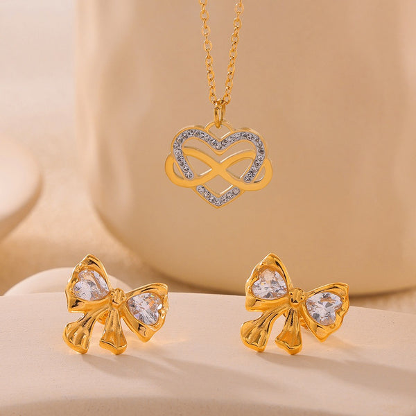 18k gold noble and light luxury bow inlaid with diamonds/heart with winding design earrings and necklace set - happyshop365247