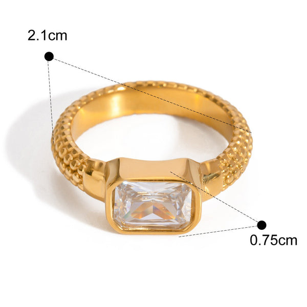 18K gold exquisite dazzling rectangular gemstone ring with beaded design - happyshop365247