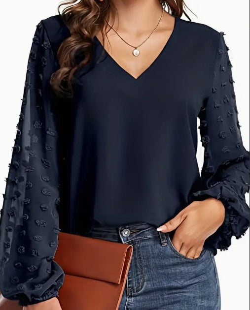 Swiss Dot V Neck Shirt - Soft, Breathable, Casual Solid Shirt For Spring And Fall Season, Women's Clothing With Relaxed Fit And Classic Style - happyshop365247