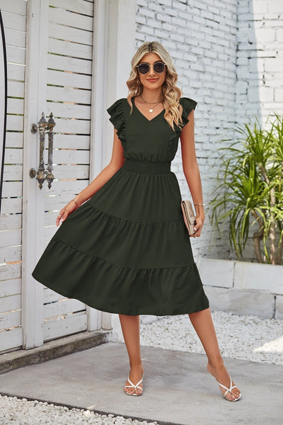 New Ruffled Sleeveless V-Neck Dress Summer Fashion Elastic Waist A-Line Dresses For Womens Clothing - happyshop365247