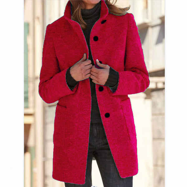 Fashion Stand Collar Woolen Coat With Pockets Fall Winter Casual Button Outwear For Women Clothing - happyshop365247