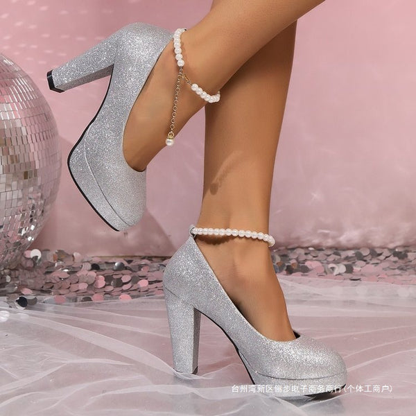 Spring sequined one-shoulder le pearl thick heel high heel fashion, large size - happyshop365247