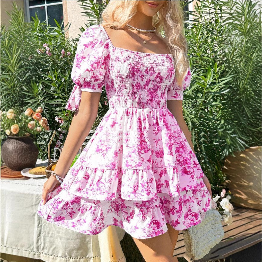 Short Sleeve Waist-controlled Ruffled Sleeve Pleated A- Line Jumpsuit - happyshop365247