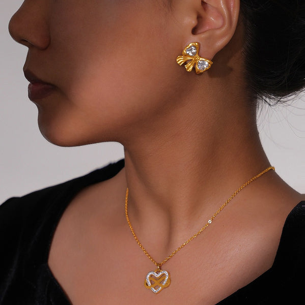 18k gold noble and light luxury bow inlaid with diamonds/heart with winding design earrings and necklace set - happyshop365247