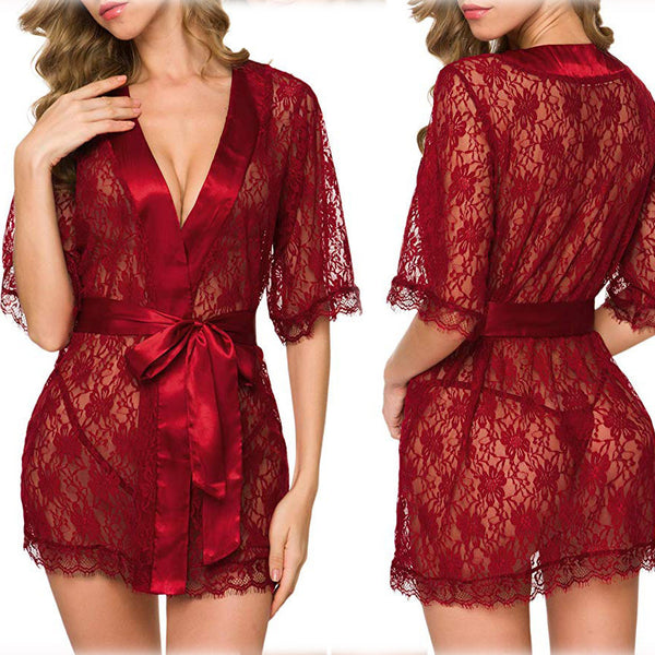 Lingerie Women Lace Hollow-out Robe Suits Pajamas - happyshop365247