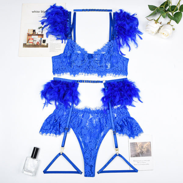 Feather Sexy Lingerie Lace Women Underwear Bra Panty - happyshop365247