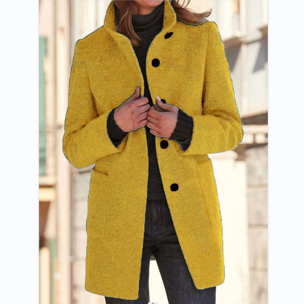 Fashion Stand Collar Woolen Coat With Pockets Fall Winter Casual Button Outwear For Women Clothing - happyshop365247