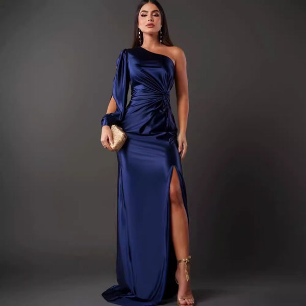 Women's One-shoulder Split Dress Ins Fashion Long-sleeved Slim Long Dresses Party Evening Clothing - happyshop365247