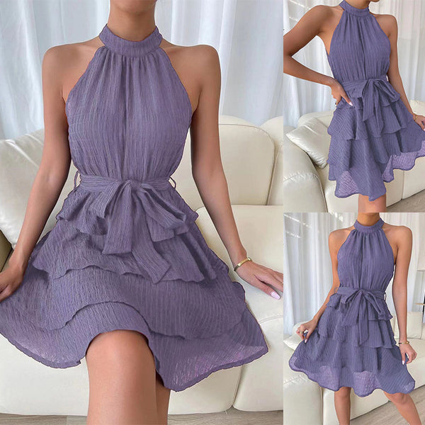 Women's Halterneck Dresses Sleeveless Ruffle Dress - happyshop365247