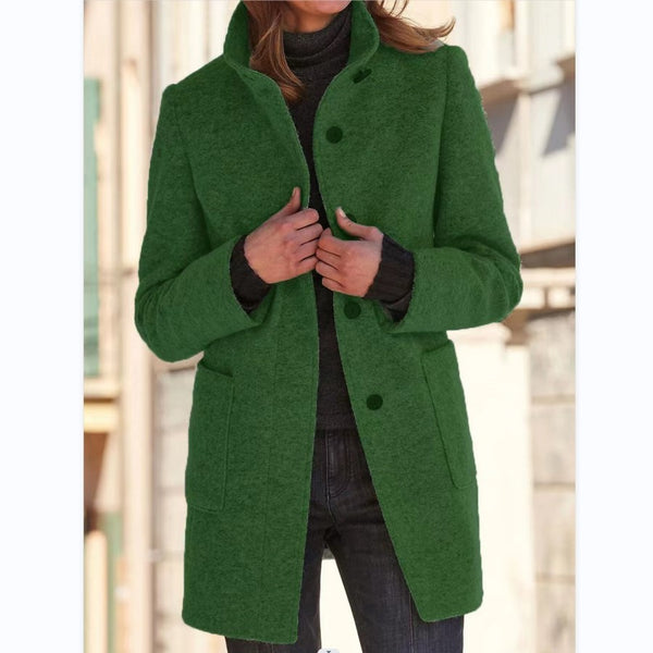 Fashion Stand Collar Woolen Coat With Pockets Fall Winter Casual Button Outwear For Women Clothing - happyshop365247