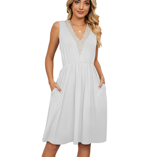 Lace Panel Sleeveless Dresss With Pocket V-neck Dresses For Women - happyshop365247