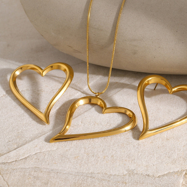 18K gold light luxury noble heart with line design earrings and necklace set - happyshop365247