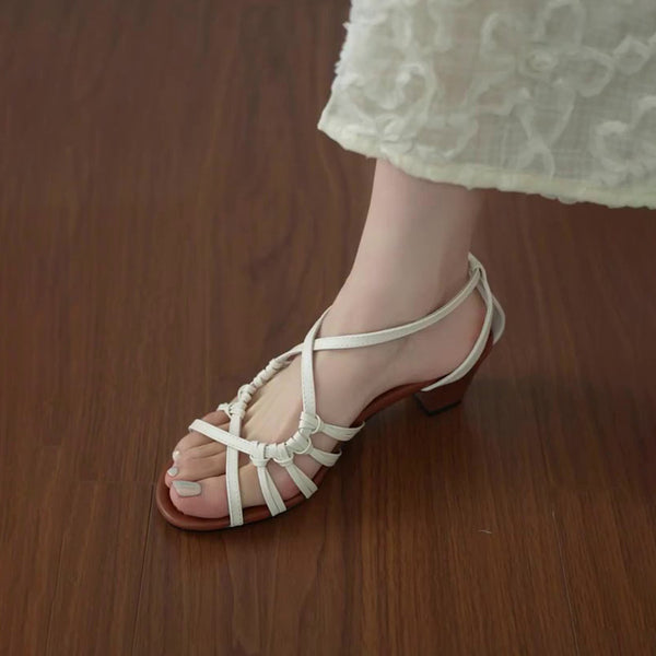 Soft leather version ~ Elegant woven hollowed-out one-line open-toe thick-heeled sandals, fairy vacation style Roman shoes for women - happyshop365247