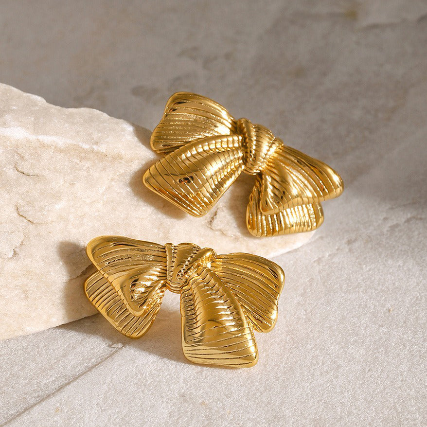 18K gold classic personality bow with striped design earrings - happyshop365247