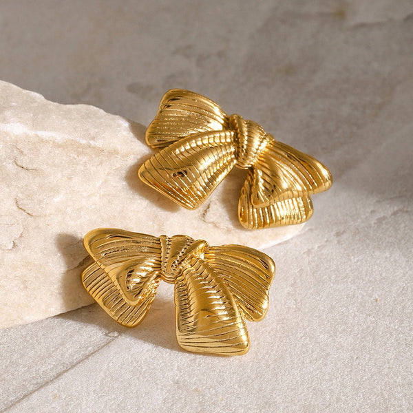 18K gold classic personality bow with striped design earrings - happyshop365247