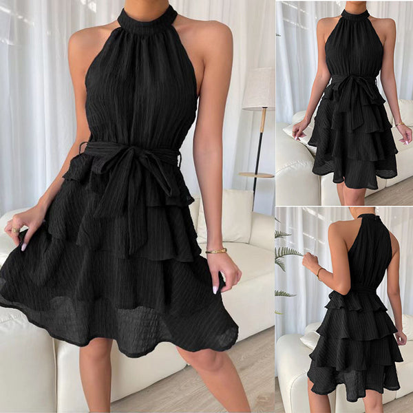 Women's Halterneck Dresses Sleeveless Ruffle Dress - happyshop365247