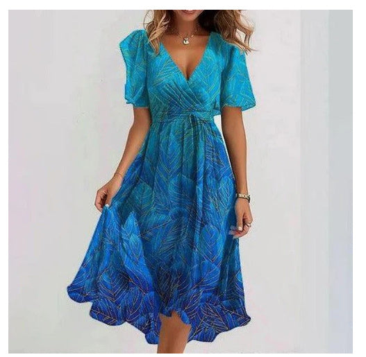 Chiffon Printed Short Sleeve Dress Summer Elegant V-neck Dresses Womens Clothing - happyshop365247