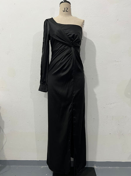 Women's One-shoulder Split Dress Ins Fashion Long-sleeved Slim Long Dresses Party Evening Clothing - happyshop365247