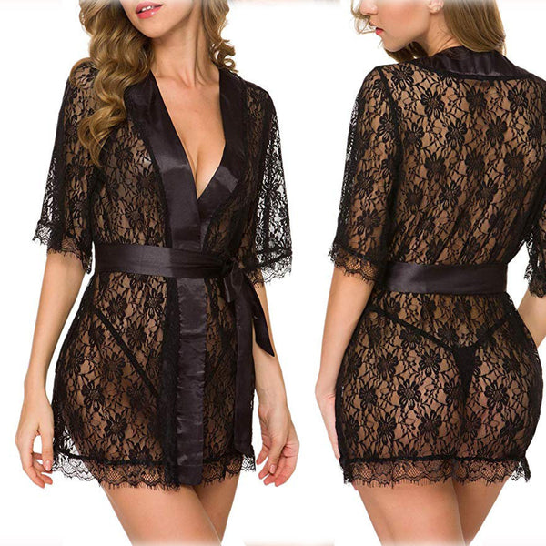 Lingerie Women Lace Hollow-out Robe Suits Pajamas - happyshop365247