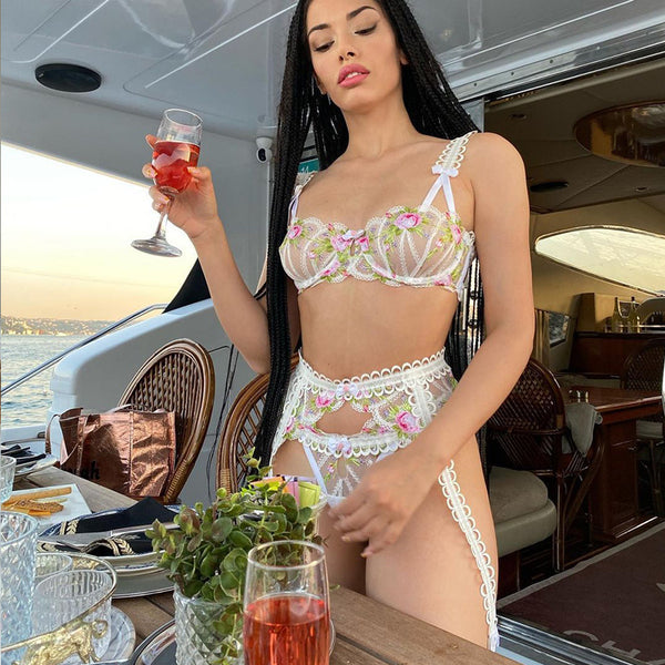 Bowknot Embroidery Retro Heavy Craft Floral Sexy Lingerie - happyshop365247