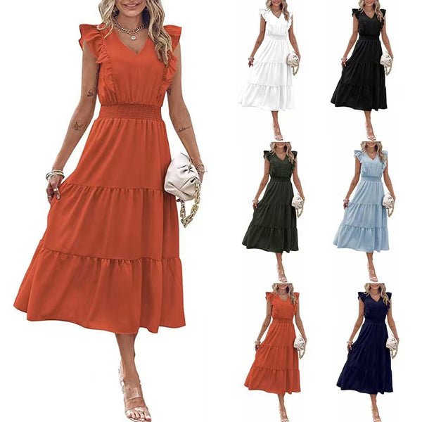 New Ruffled Sleeveless V-Neck Dress Summer Fashion Elastic Waist A-Line Dresses For Womens Clothing - happyshop365247
