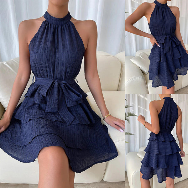 Women's Halterneck Dresses Sleeveless Ruffle Dress - happyshop365247