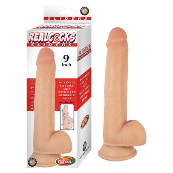 Realcocks Sliders 9in Moveable Skin Bendable Harness Compatible Suction Cup Base Flesh - happyshop365247