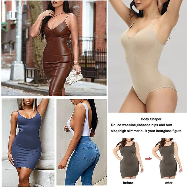 GUUDIA V Neck Spaghetti Strap Bodysuits Compression Body Suits - happyshop365247