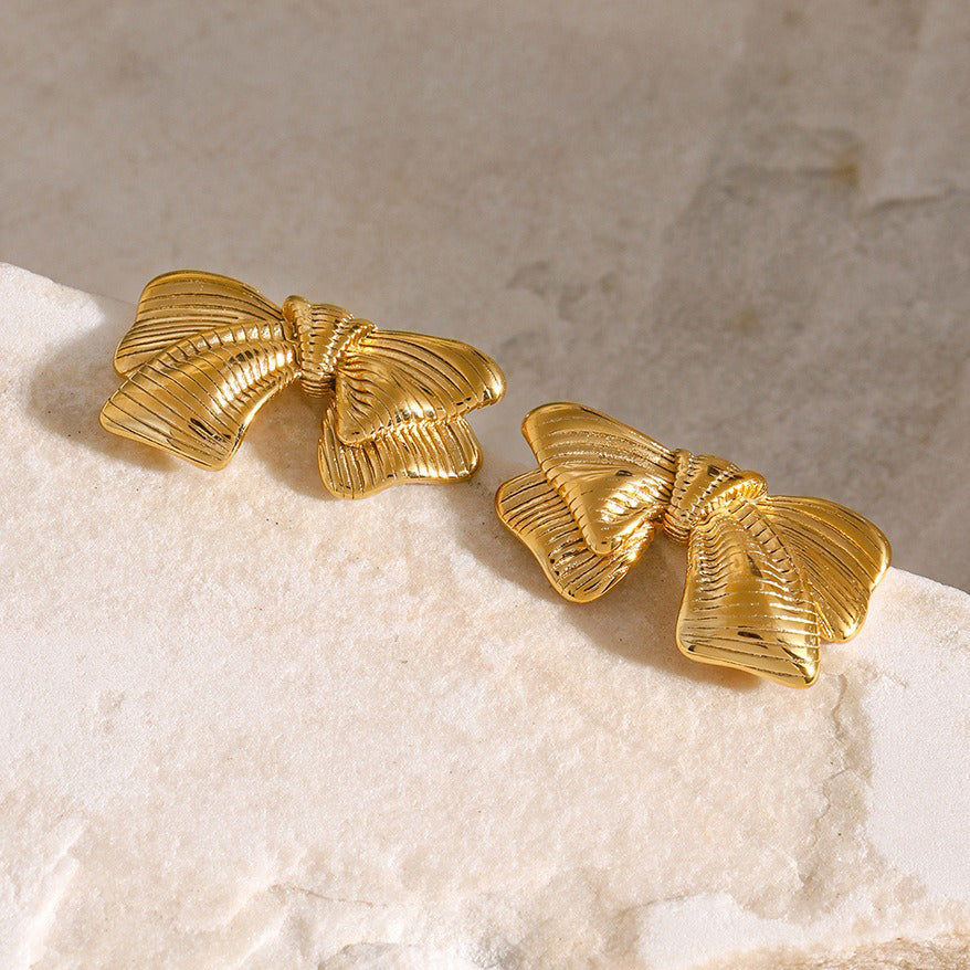 18K gold classic personality bow with striped design earrings - happyshop365247