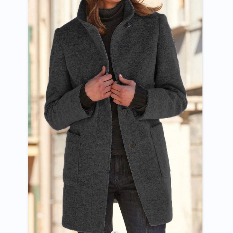 Fashion Stand Collar Woolen Coat With Pockets Fall Winter Casual Button Outwear For Women Clothing - happyshop365247