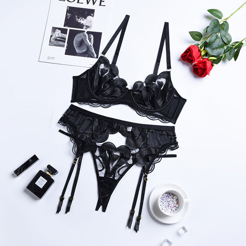 Three Piece Set Of Mesh Embroidered  Lingerie Gather Suspenders