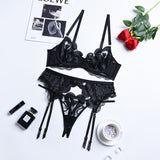 Three Piece Set Of Mesh Embroidered  Lingerie Gather Suspenders
