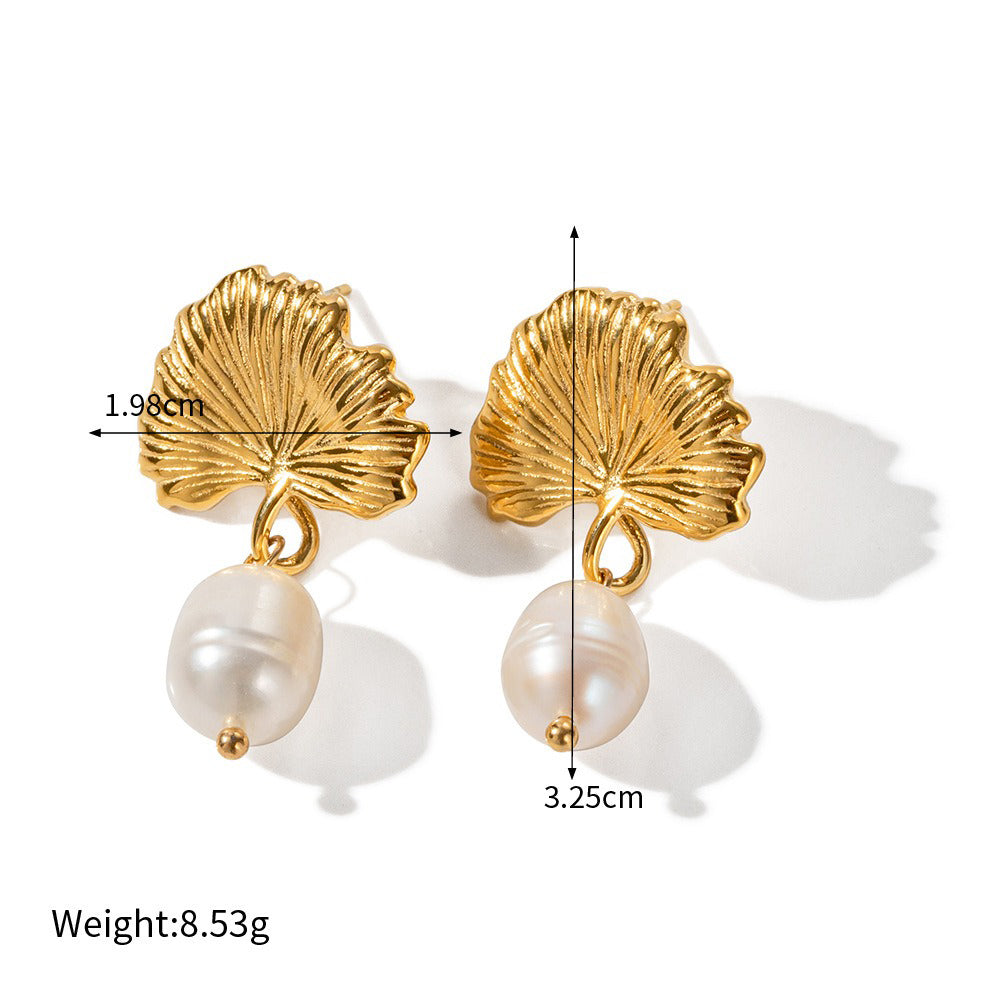 18K gold noble and elegant ginkgo with pearl design light luxury style earrings and necklace set - happyshop365247