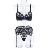 Three Piece Set Of Mesh Embroidered  Lingerie Gather Suspenders