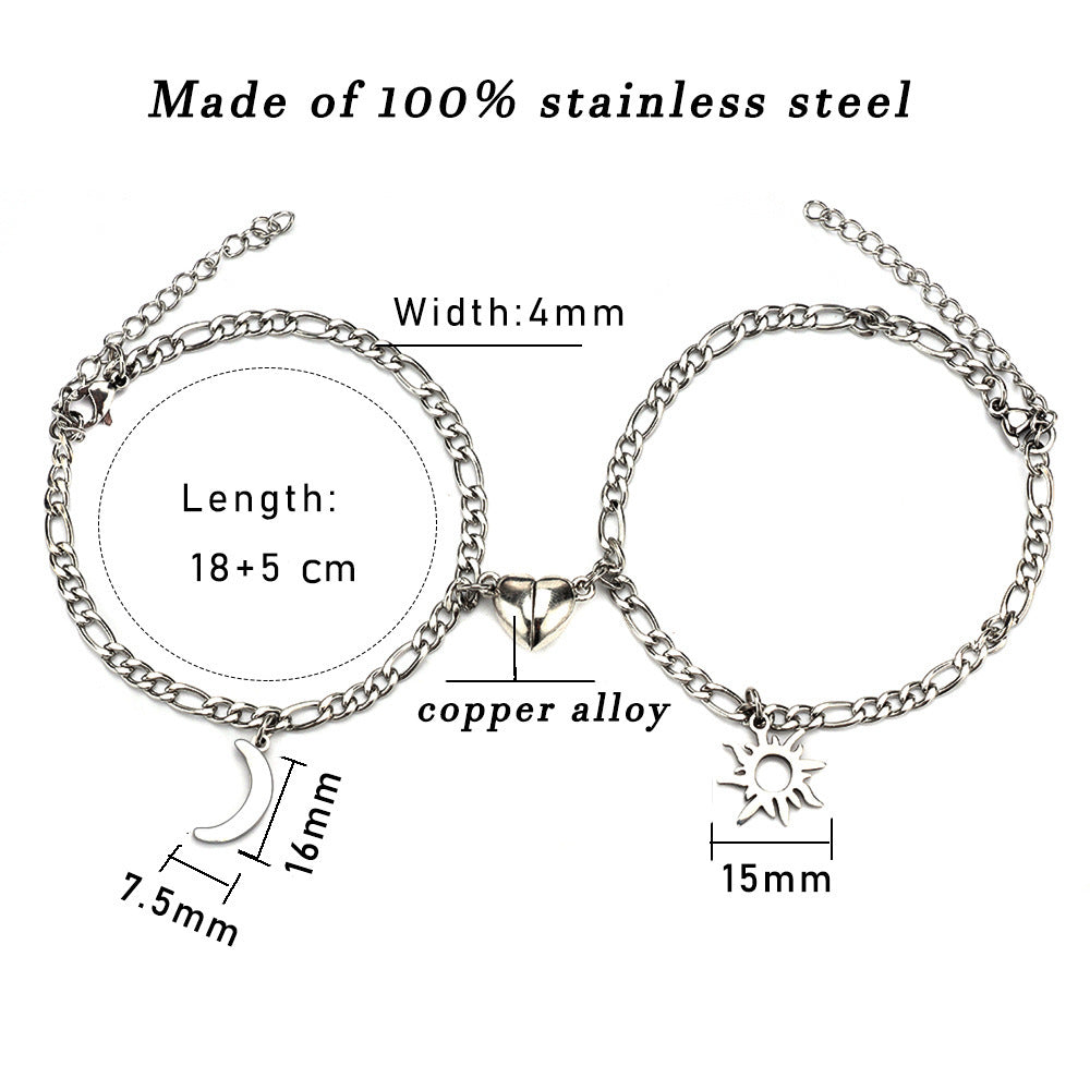 2Pcs Sun Moon Charm Magnet Attraction Stainless Steel Bracelets For Couples Men Women Jewelry Wholesale Valentine's Day Gifts - happyshop365247