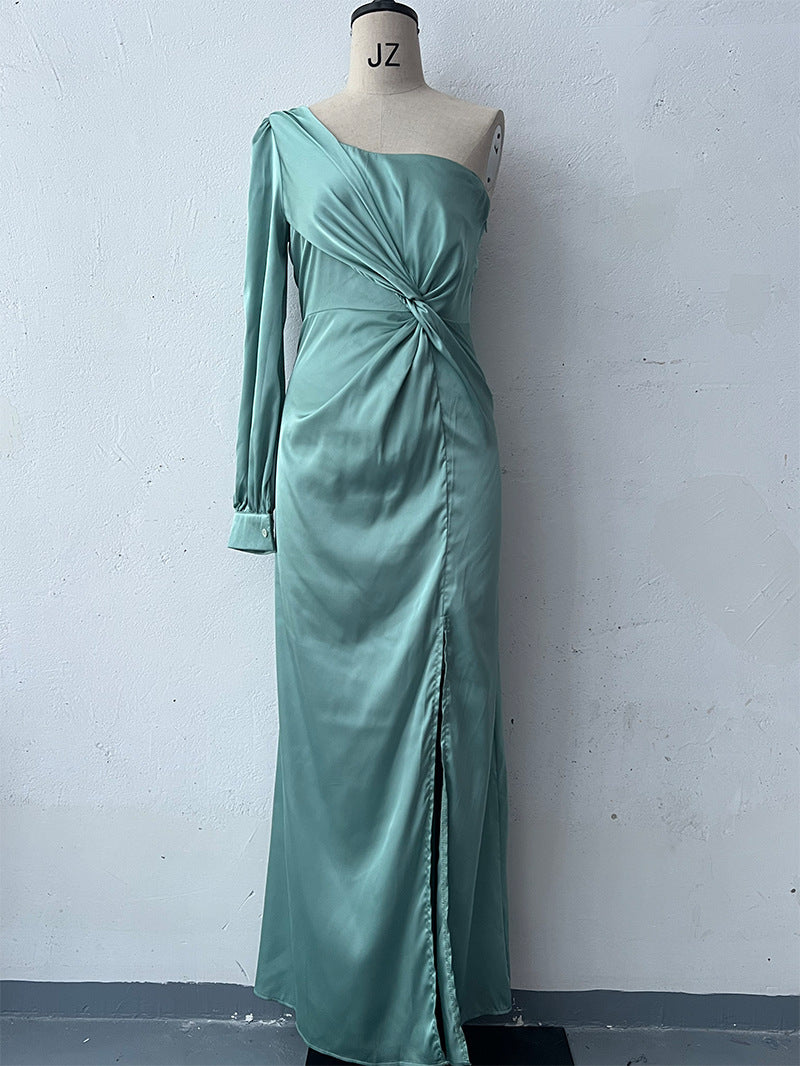 Women's One-shoulder Split Dress Ins Fashion Long-sleeved Slim Long Dresses Party Evening Clothing - happyshop365247