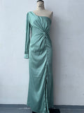 Women's One-shoulder Split Dress Ins Fashion Long-sleeved Slim Long Dresses Party Evening Clothing