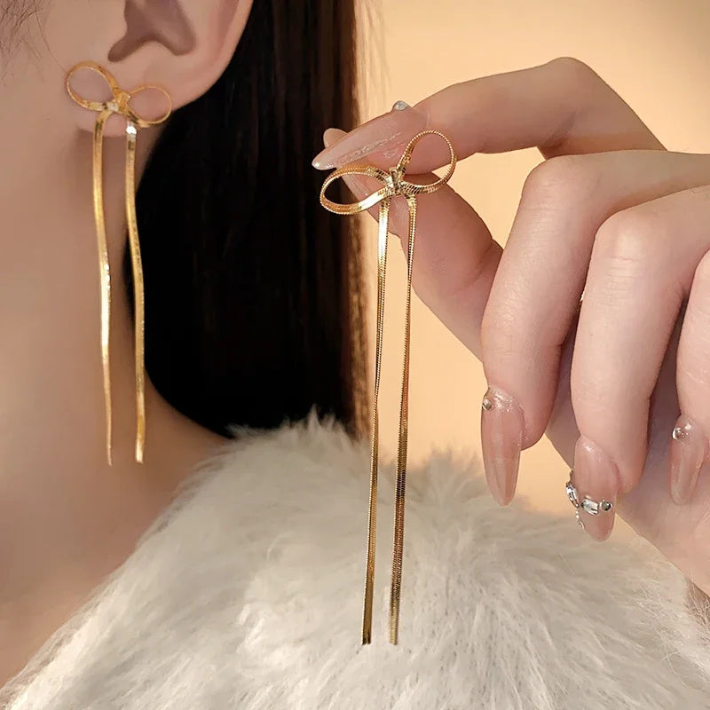 Stainless Steel Jewelry Wholesale Non-tarnish Herringbone Bow Earrings Hypoallergenic 18k Gold Plated Ribbon Bow Bowknot Earring - happyshop365247