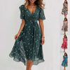 Chiffon Printed Short Sleeve Dress Summer Elegant V-neck Dresses Womens Clothing - happyshop365247