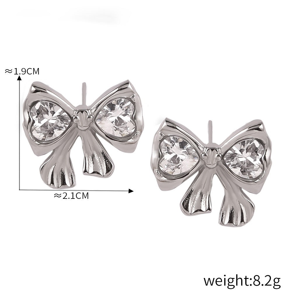 18k gold noble and light luxury bow inlaid with diamonds/heart with winding design earrings and necklace set - happyshop365247