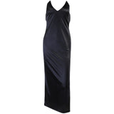 Satin Maxi Dress Women Sexy Black Backless Split Party Dresses Off Shoulder V Neck - happyshop365247