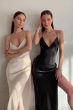 Satin Maxi Dress Women Sexy Black Backless Split Party Dresses Off Shoulder V Neck - happyshop365247