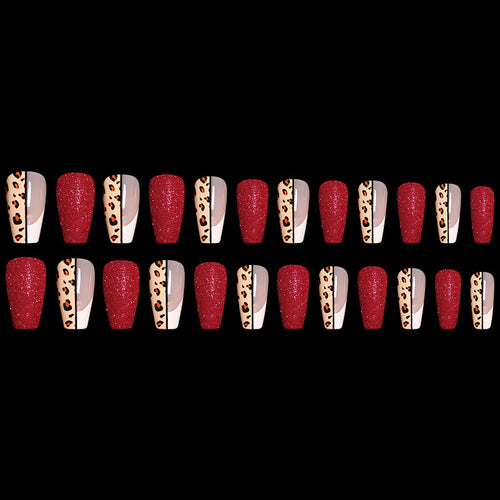 Red Color Leopard Print Ballet False Nails - happyshop365247